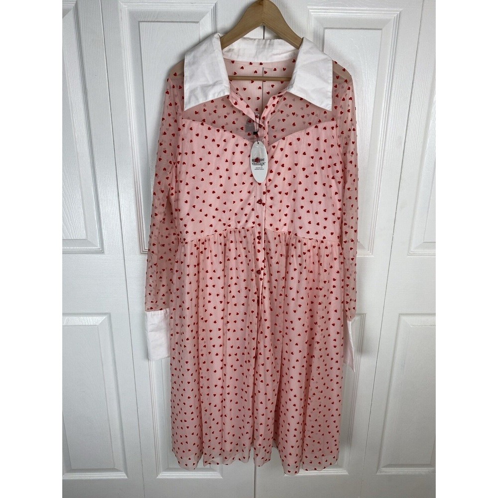 UniqueVintage 1X 16 Midi Dress Retro Hearts Mesh Chiffon Button Up Shirt A-Line